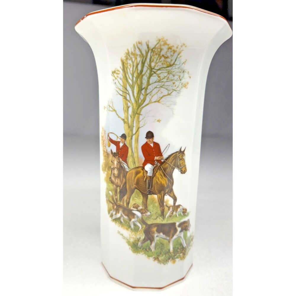 C.A. Made In Italy Fox Hunt Vase Equestrian Horse Rider Porcelain Octagonal